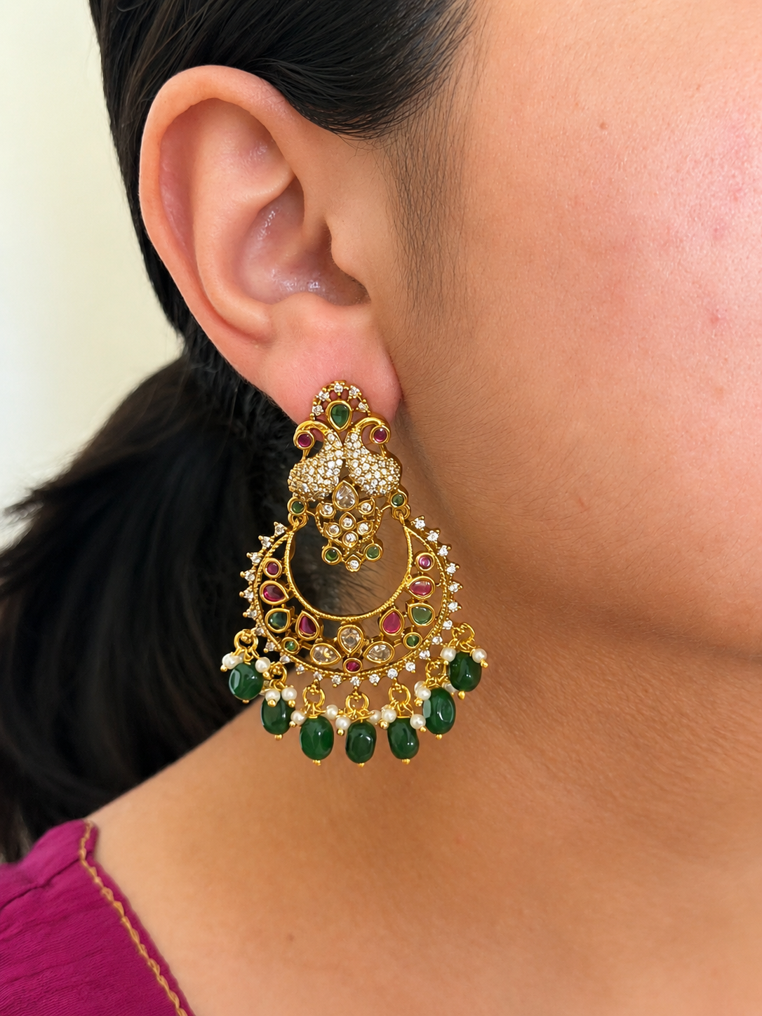 Peacock Chandbali with Emerald Drops