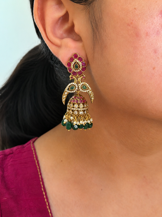 Peacock Jhumka with Emerald Drops