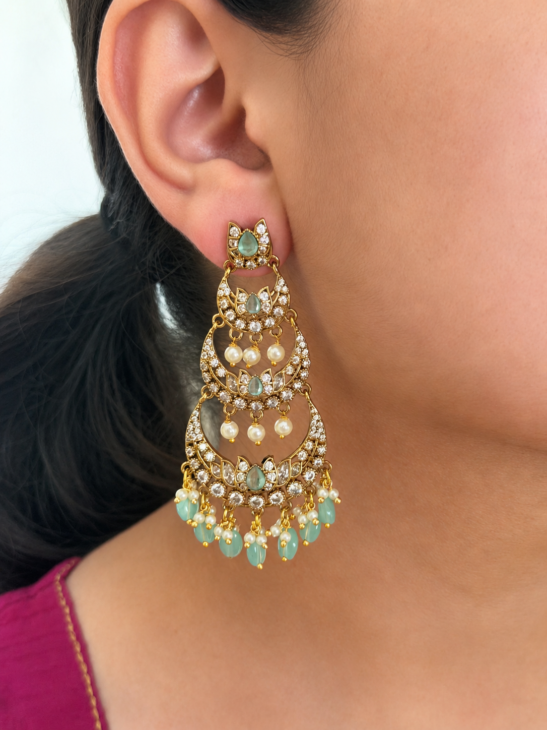 Triple-Tier Chandbali with Green Drops