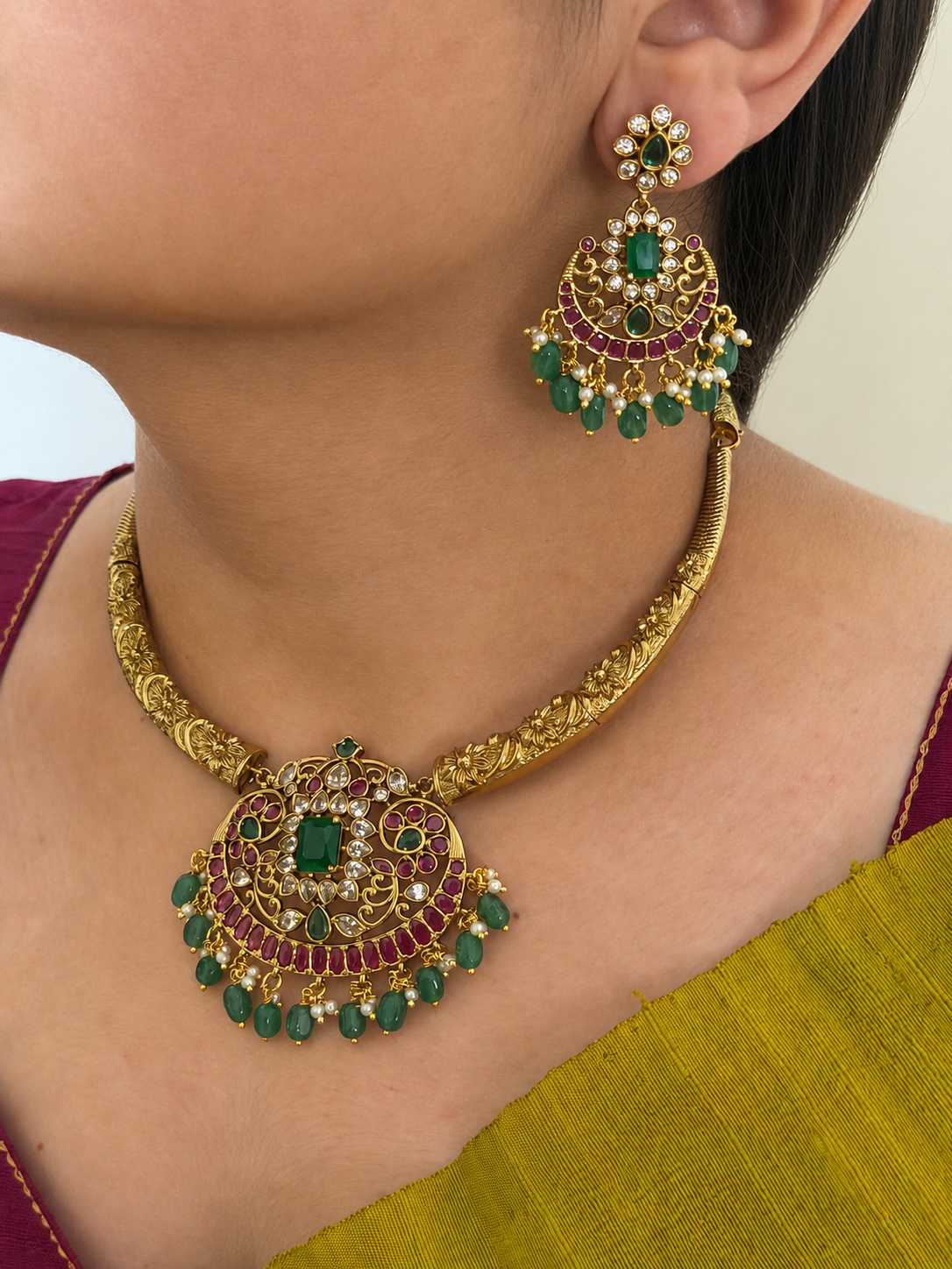 Emerald & Ruby Kanti Necklace Set