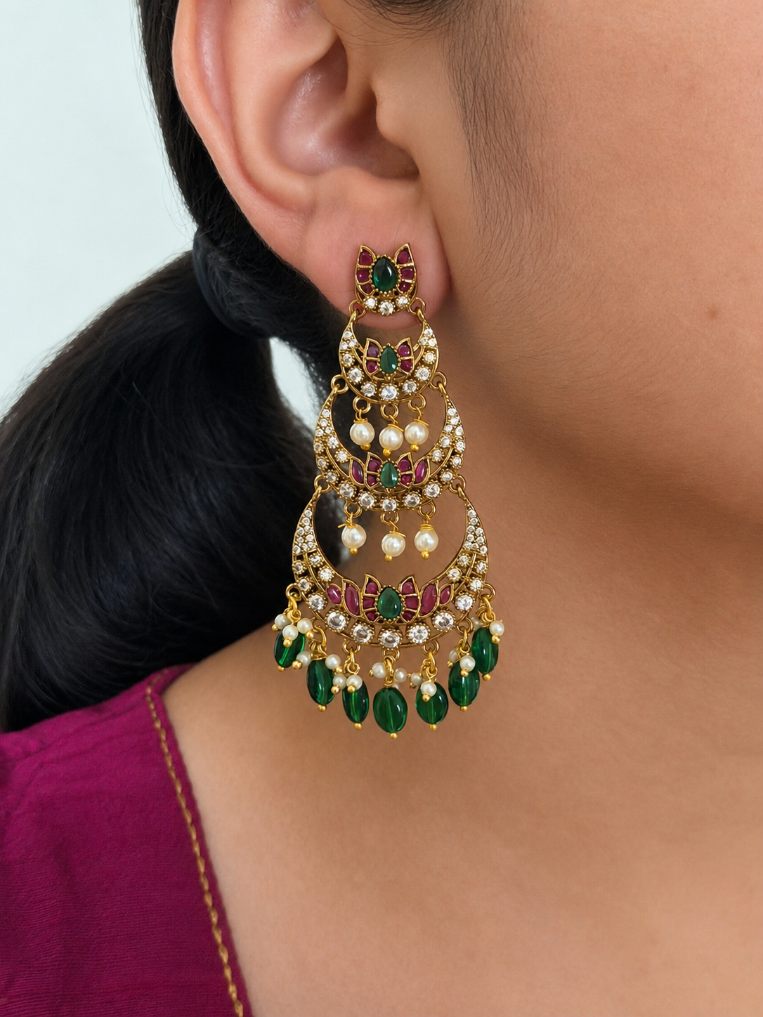 Triple-Tier Chandbali with Green Drops
