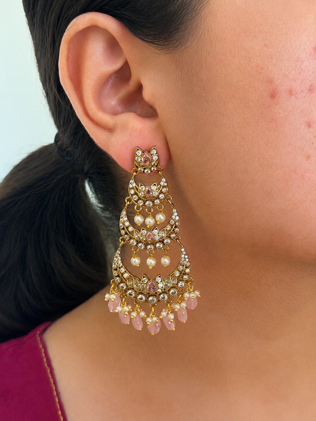 Triple-Tier Chandbali with Green Drops
