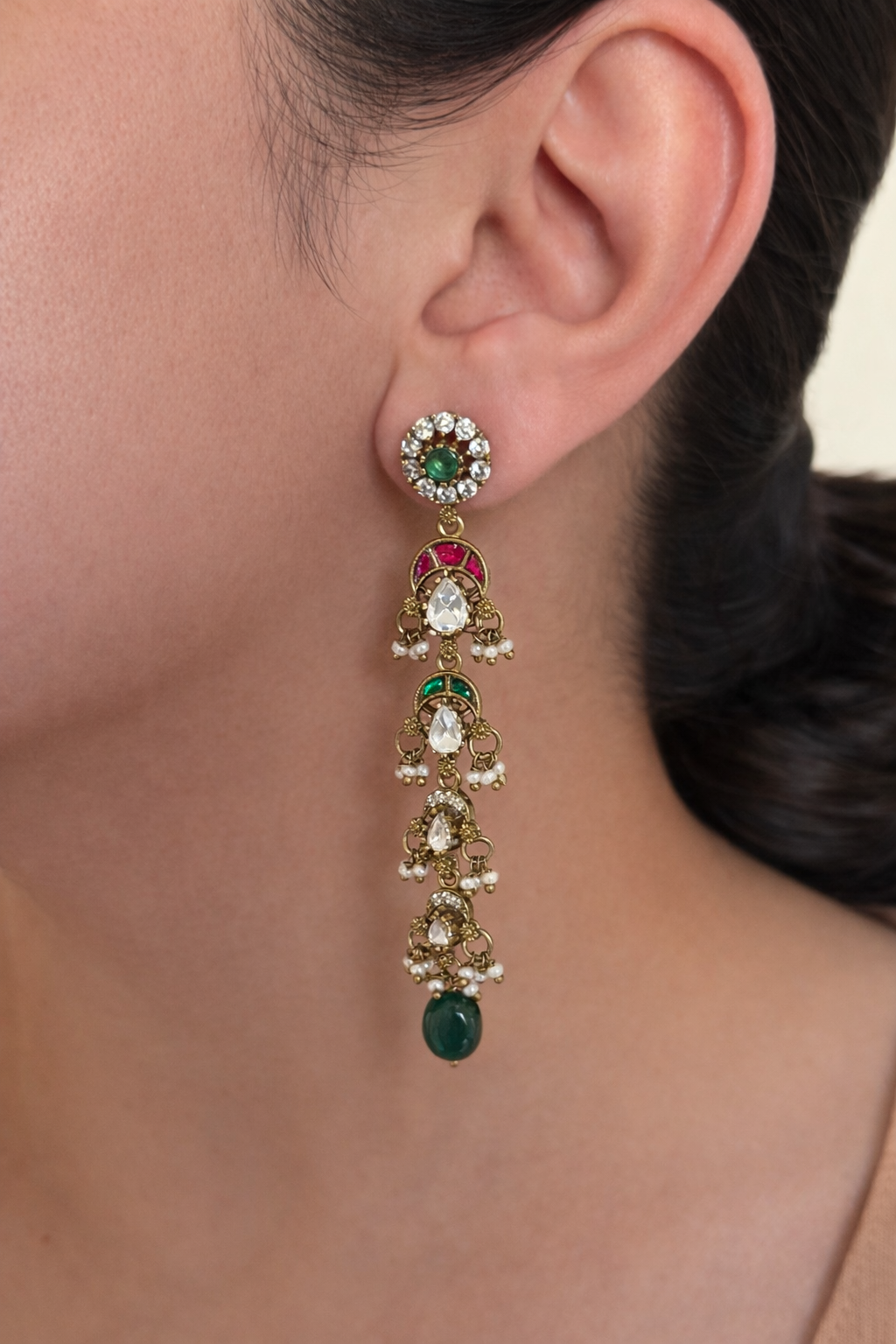 Long Polki Waterfall Danglers with Emerald Drop