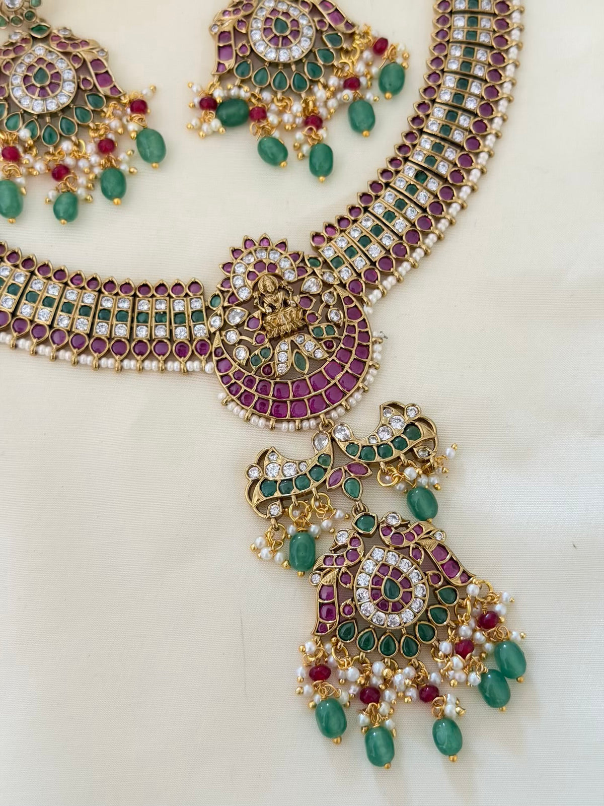 Kemp Lakshmi Choker Necklace Set with Layered Peacock Pendant and Dangler Earrings