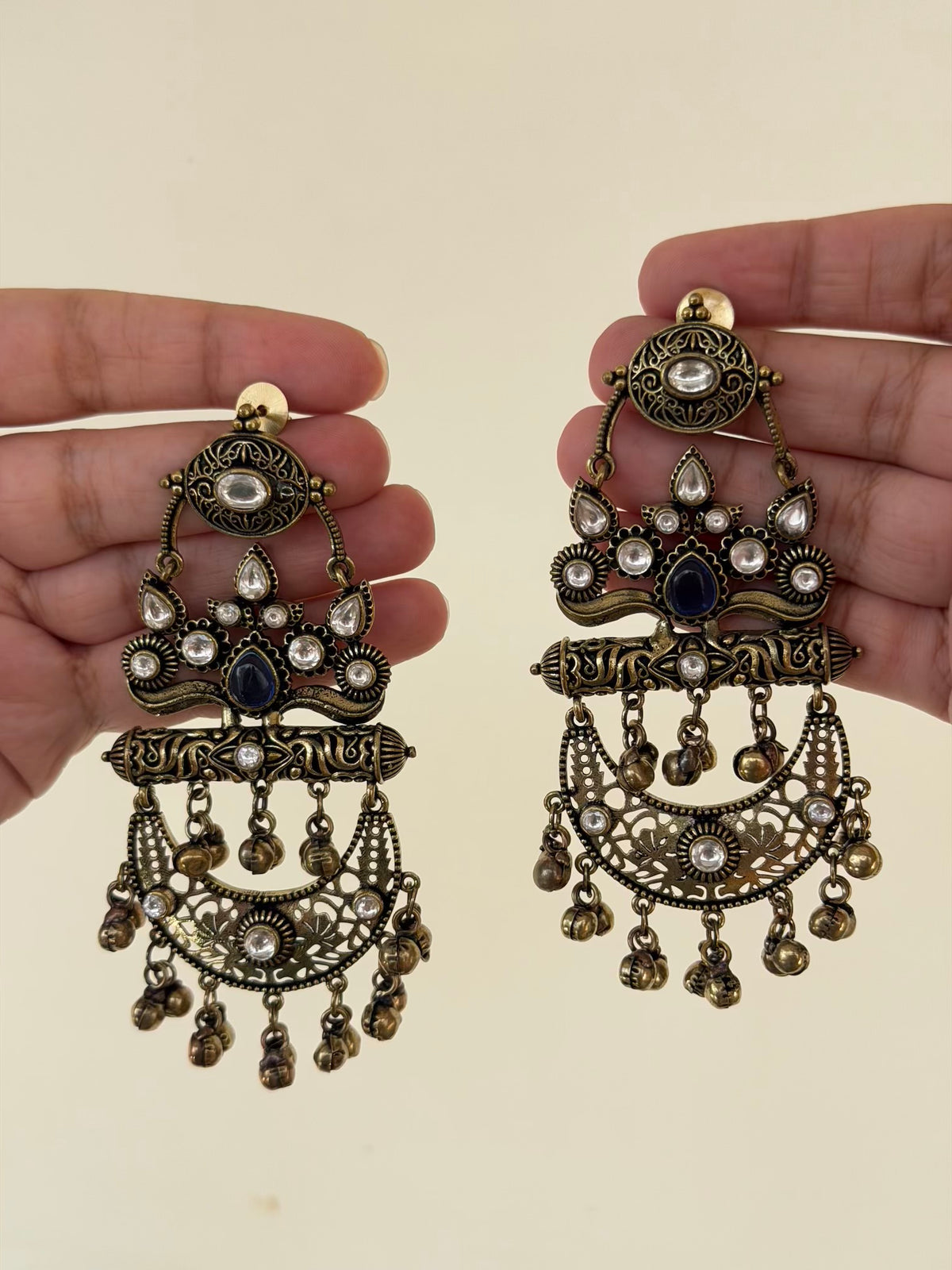 Oxidised Two-Tier Ghungroo Chaandbali Earrings with Kundan Stones