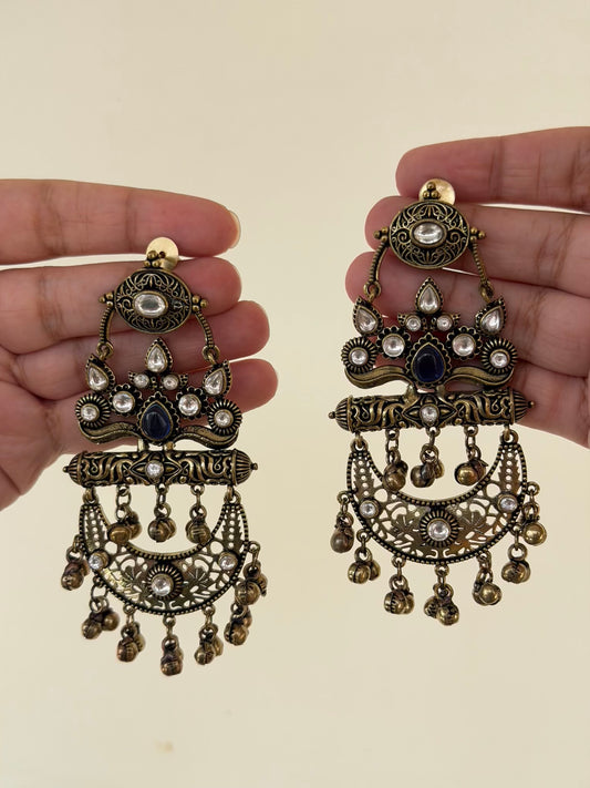 Oxidised Two-Tier Ghungroo Chaandbali Earrings with Kundan Stones
