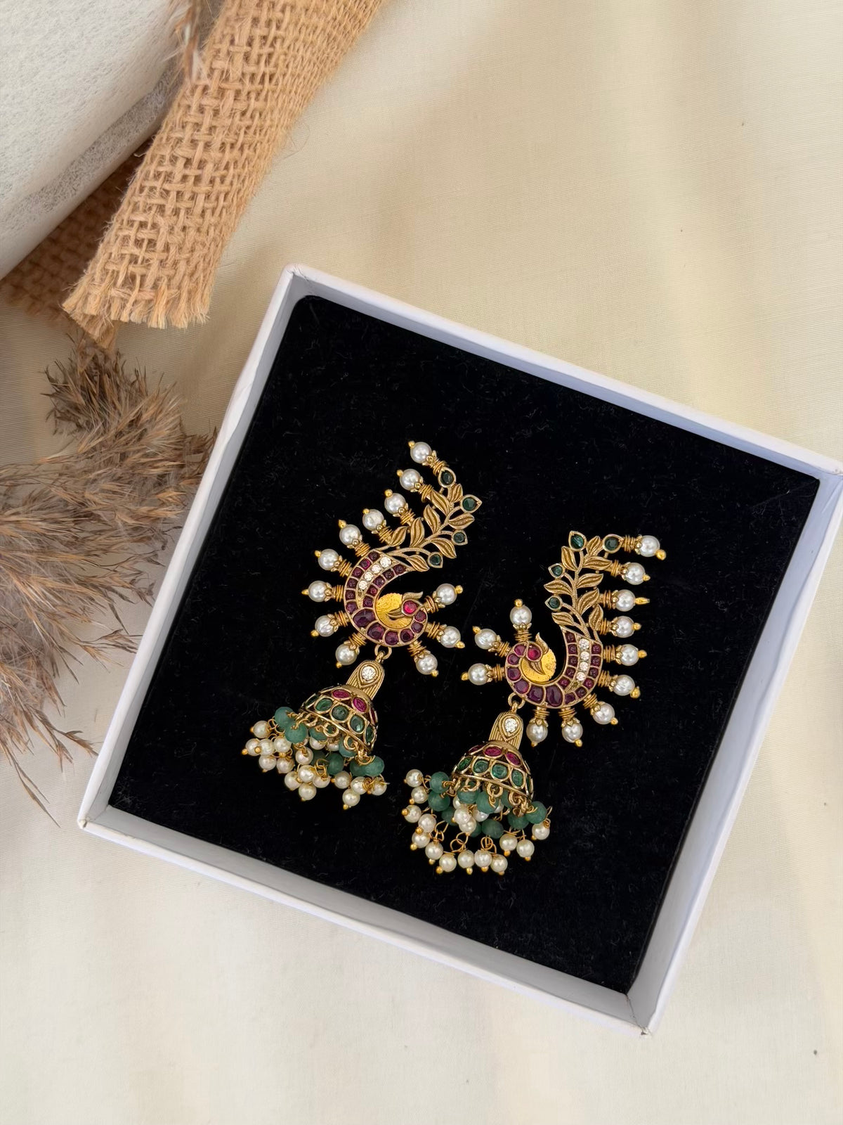 Peacock Ear Cuff Style Jhumka Earrings with Pearl Feathers and Jade Beads