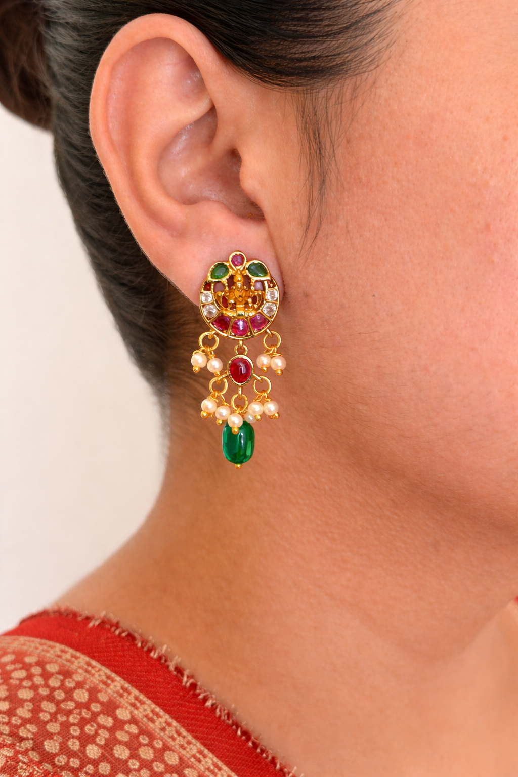 Temple-Inspired Ruby & Emerald Drop Earrings