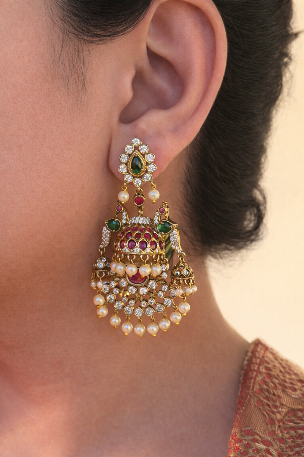 Traditional Moissanite Jhumka Earrings with Pink & Green Stones | MIJ Jewels
