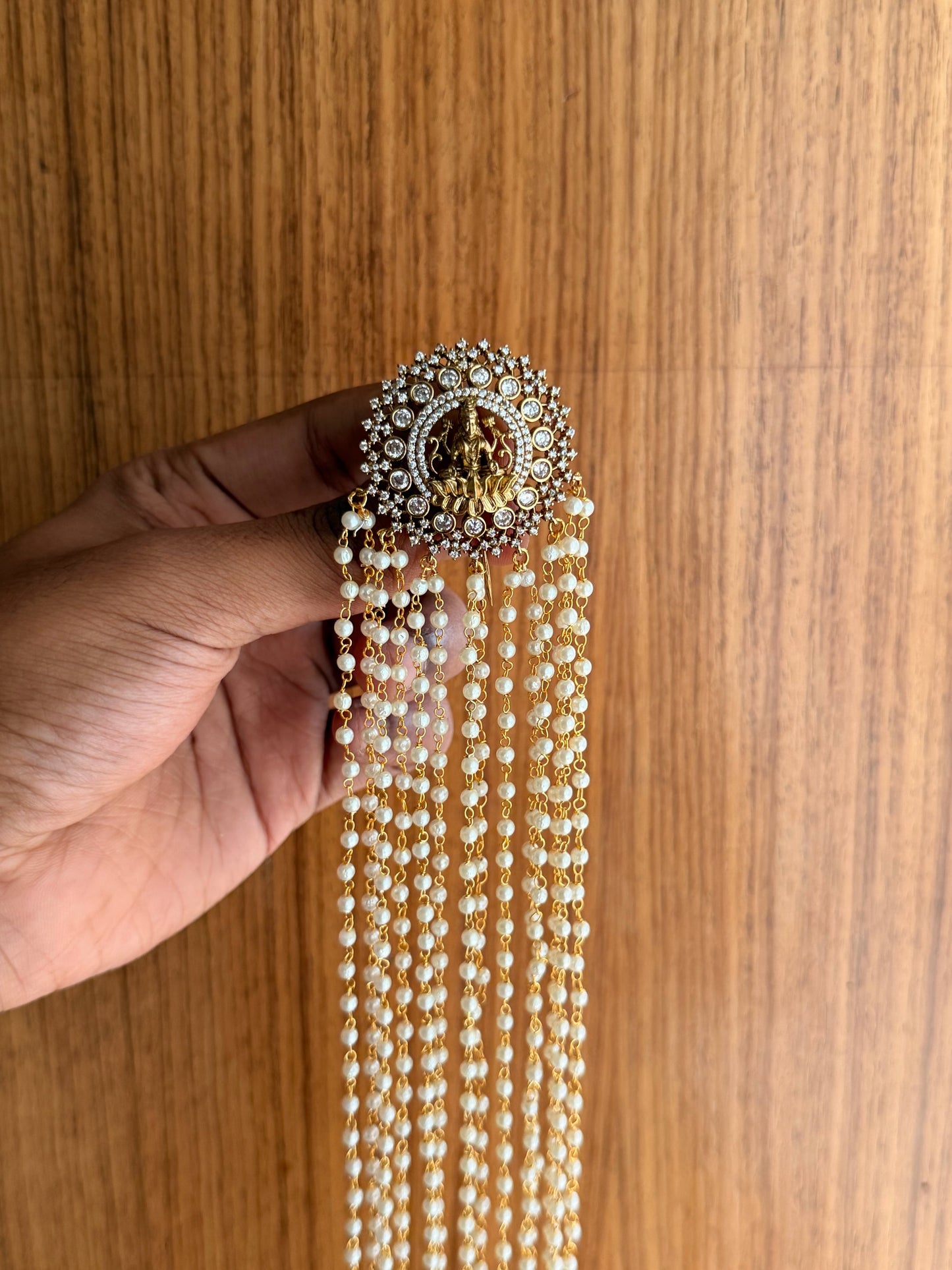 Temple Style Pearl Jada with Green Drops – Bridal Hair Jewellery