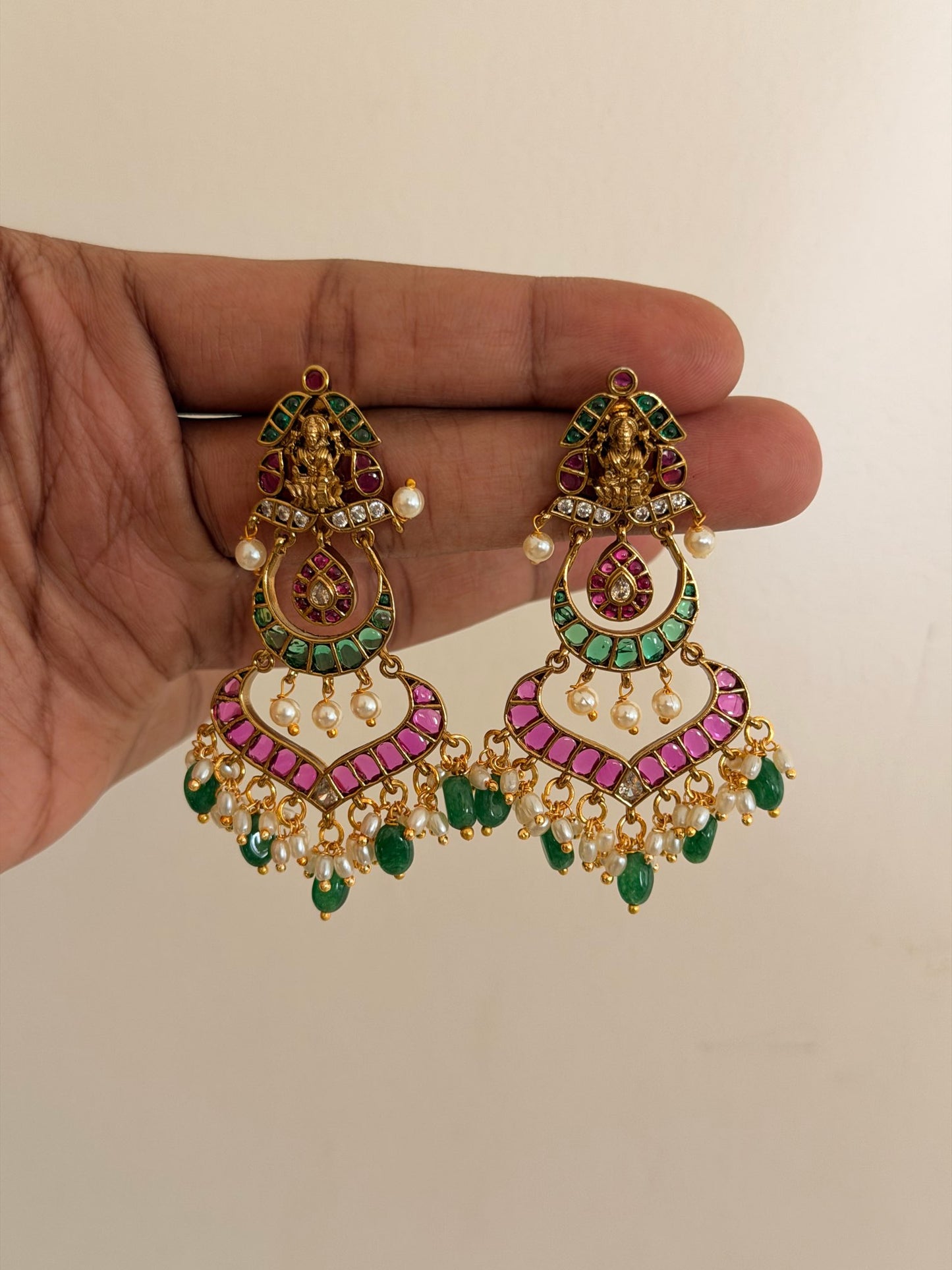 Tiered Kemp Stone Lakshmi Devi Chaandbali Earrings with Pearls