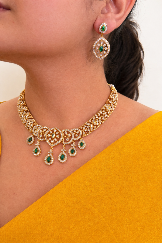 Gold-Finish Emerald Drop Necklace Set with Intricate CZ Filigree