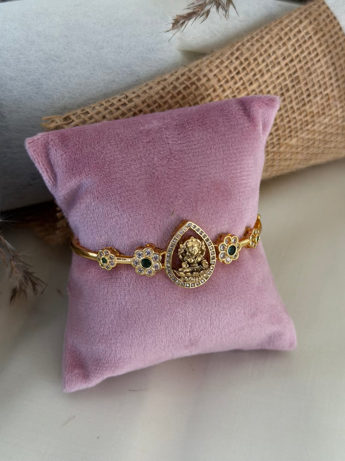 Lakshmi Teardrop Openable Kada Bracelet with Emerald Floral Zircon Accents