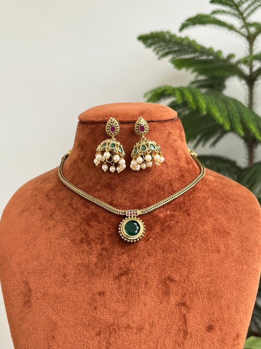 Minimal Attigai Necklace Set with Victorian Finish & Jhumka Earrings – Budget Friendly
