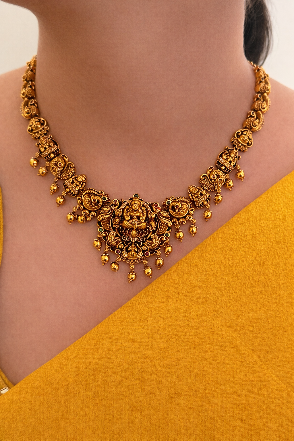 Premium Nakshi Temple Jewelry Set | Handcrafted Antique Gold Necklace with Kemp Stones and Nature-Inspired Motifs