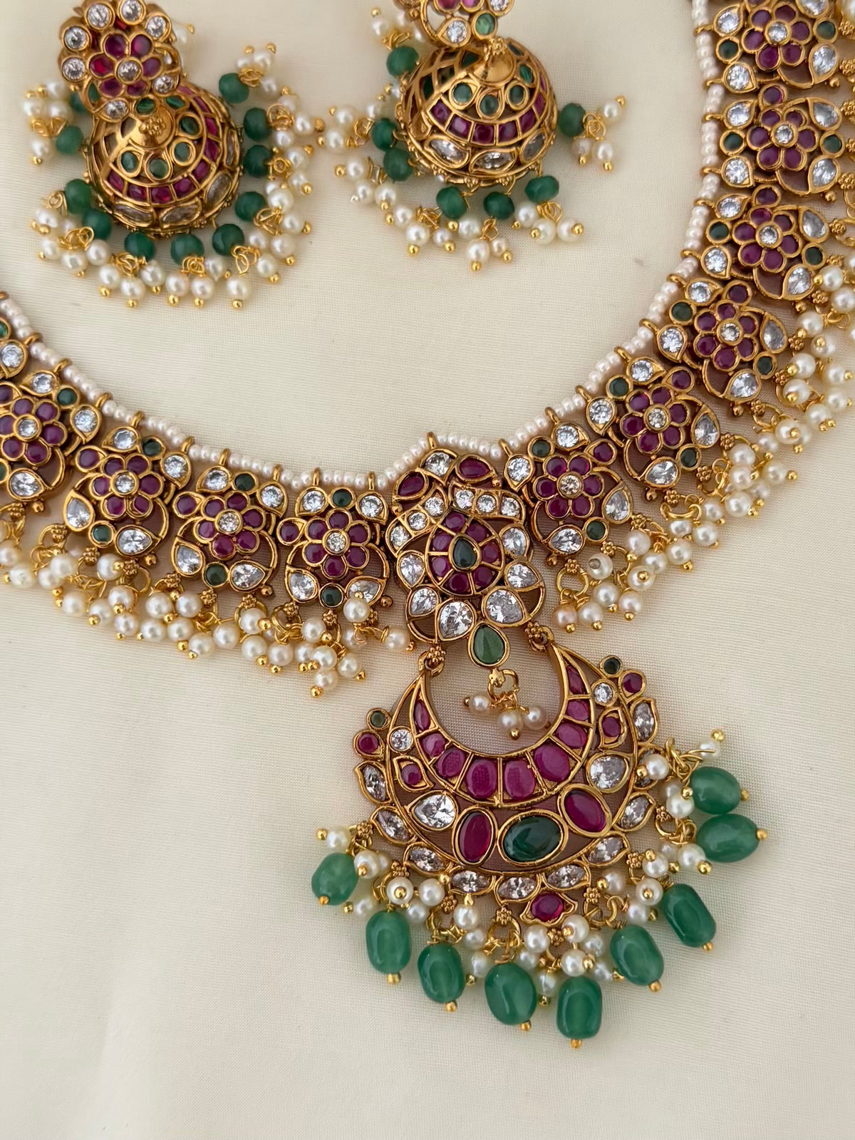 Kemp Pearl Cluster Necklace Set with Chaandbali Pendant and Jhumka Earrings