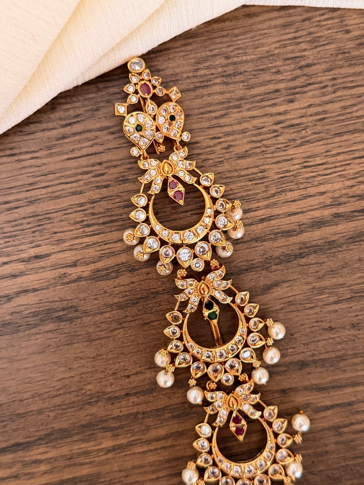 Traditional Gold-Look Short Jada with Pearls & Stone Work | Bridal Hair Jewellery