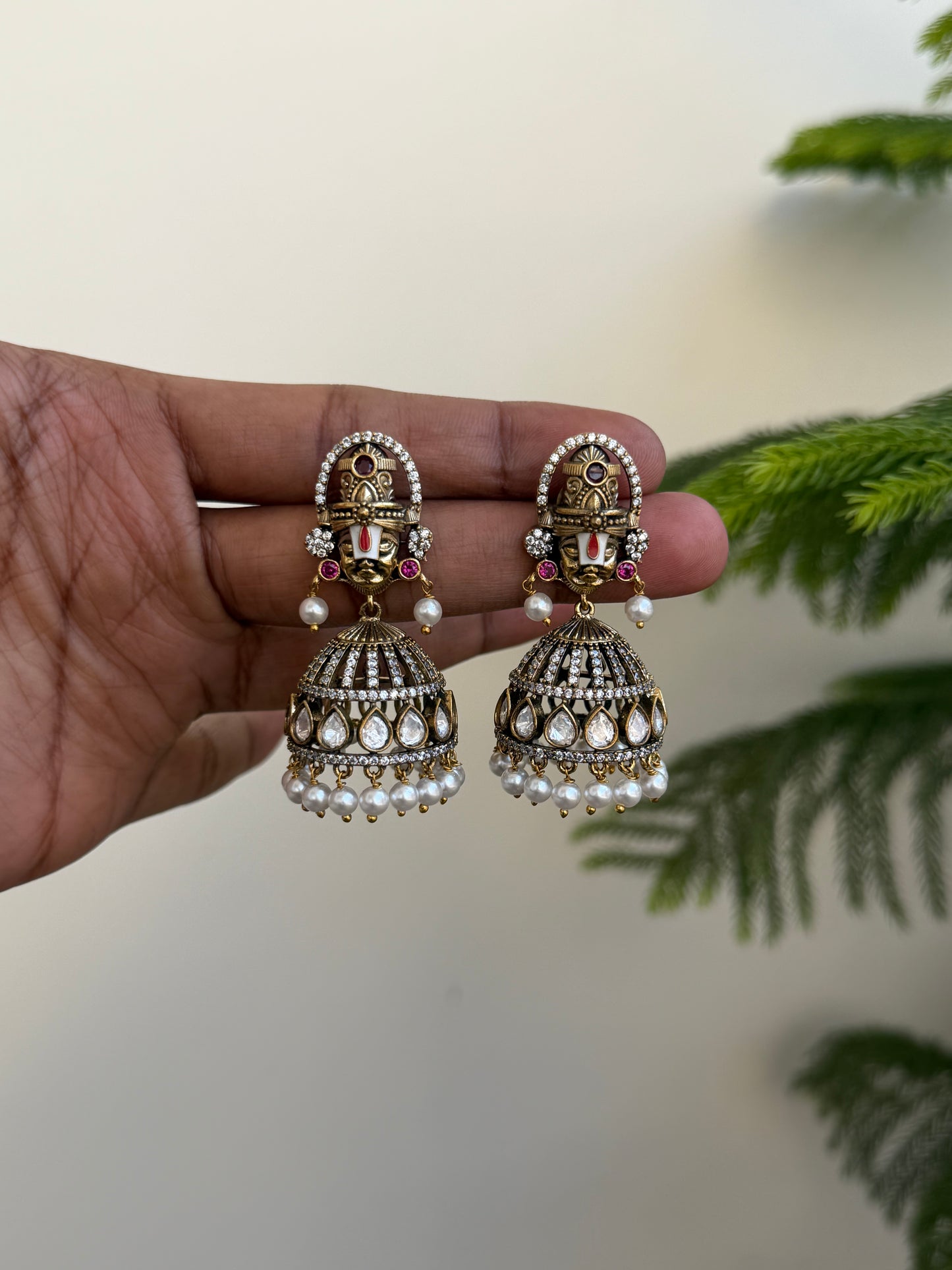 Moissonite Victorian Balaji Jhumka Earrings with Pearls