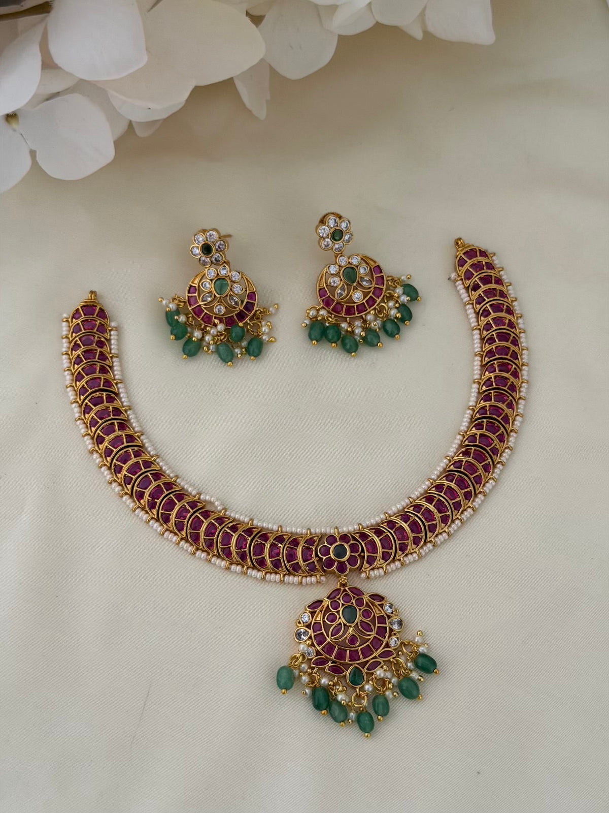 Kemp Crescent Short Necklace Set with Pearl Edge and Chaandbali Pendant