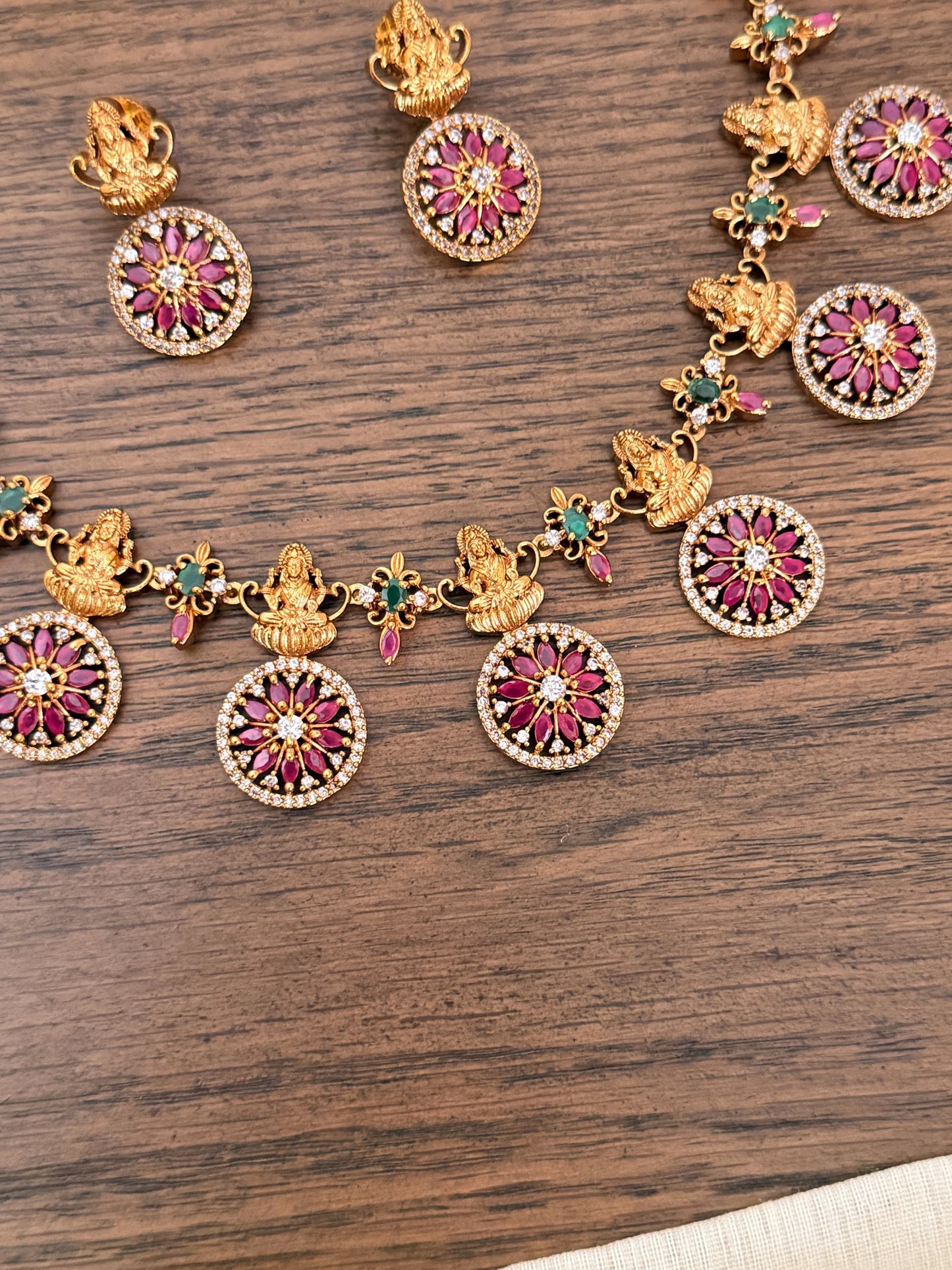 Antique Gold-Plated Lakshmi Temple Jewellery Set with Ruby Floral Medallions