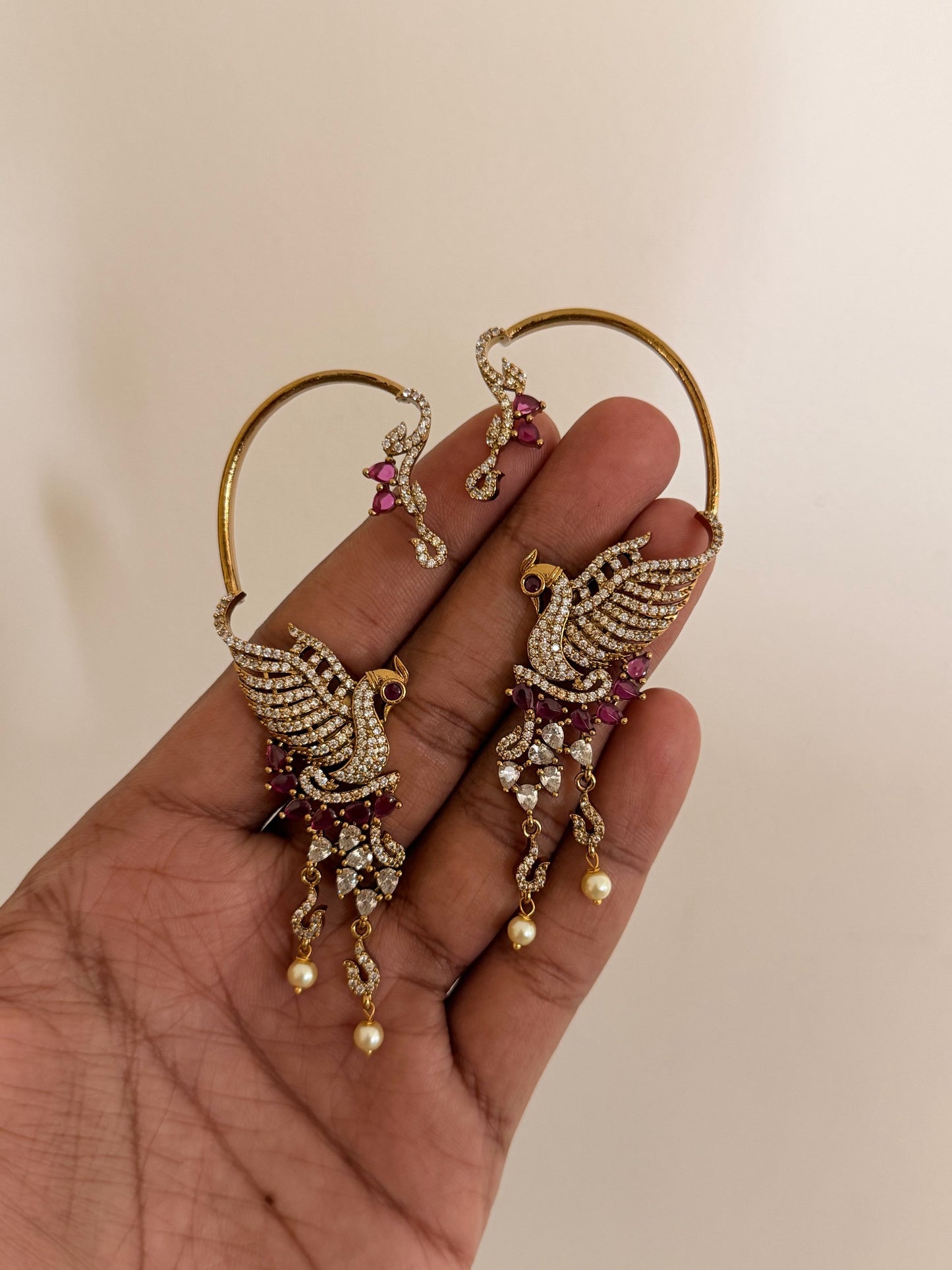 Majestic Bird Statement Ear Cuffs | Crystal Pave & Pearl Bridal Earrings