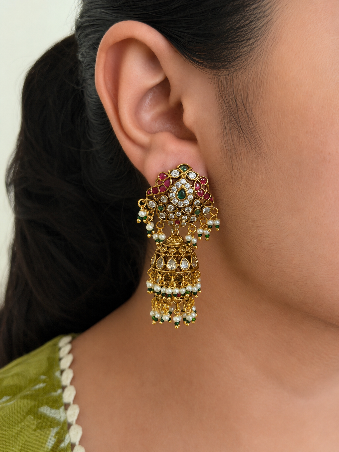 Ruby Green Pearl Layered Jhumka Earrings
