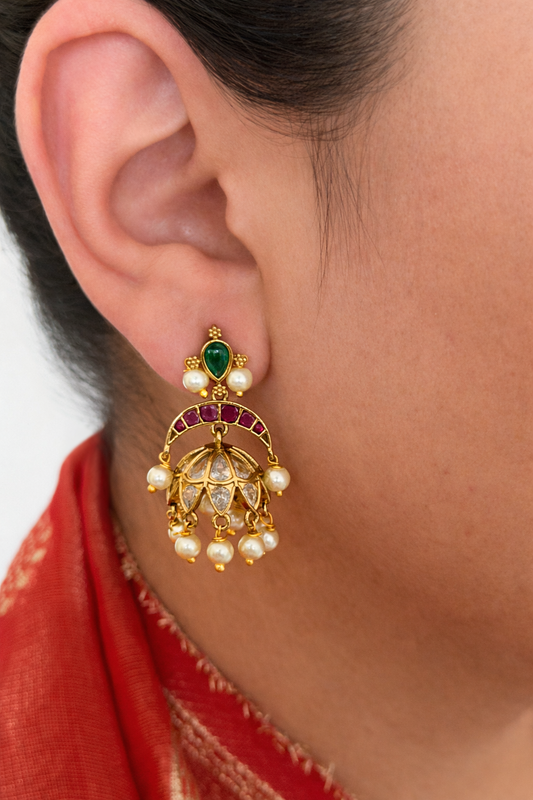 Minimalist Kemp Stone Jhumka Earrings with Pearls