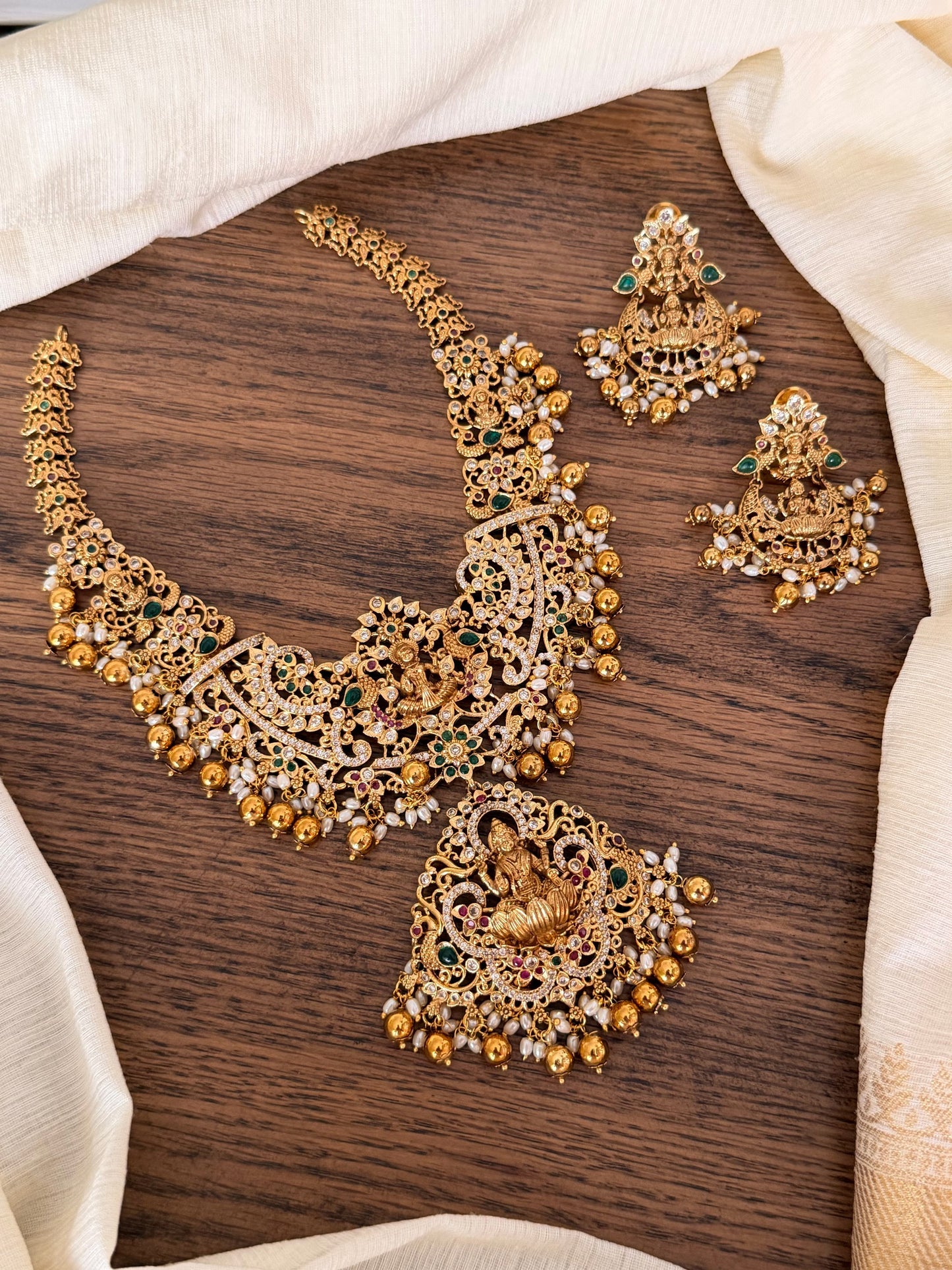 Bridal Lakshmi Devi Nakshi Necklace Set in Antique Gold Finish