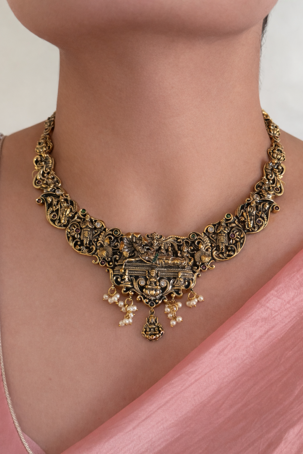 Statement Antique Black Polish Lord Vishnu Navratna Choker Set