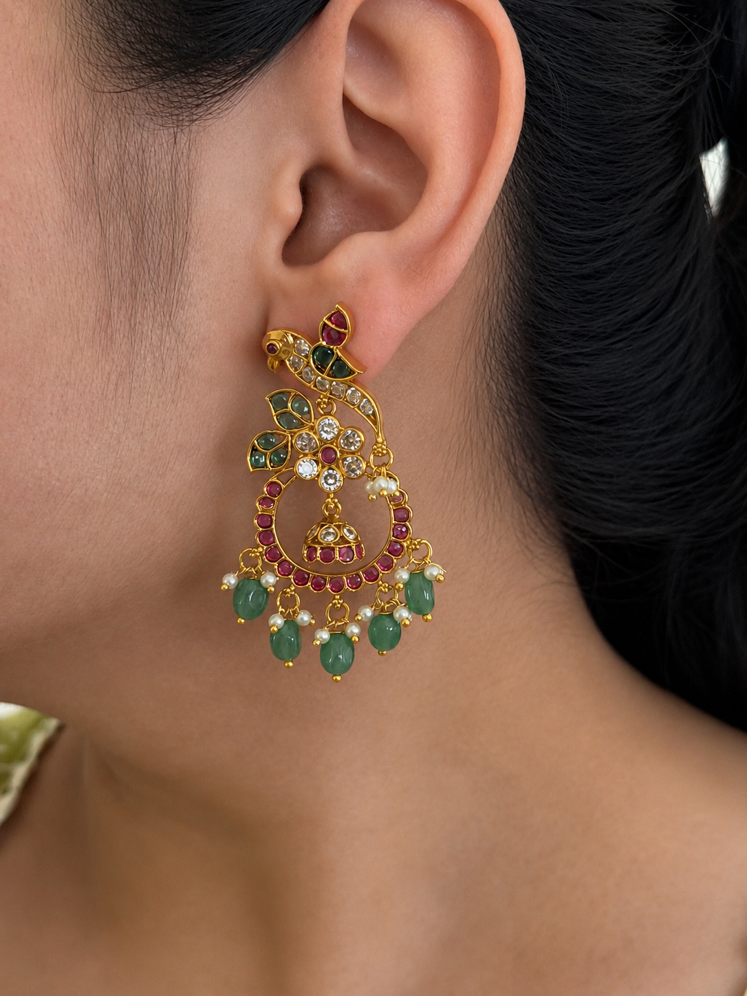 Parrot Green Pearl Chaandbali Jhumka Earrings