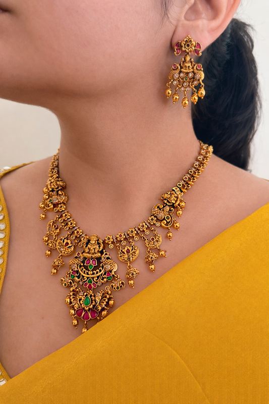 Royal Lakshmi Temple Jewelry Set | Handcrafted Antique Gold Necklace, Jhumkas, and Maang Tikka with Jadau Kundan
