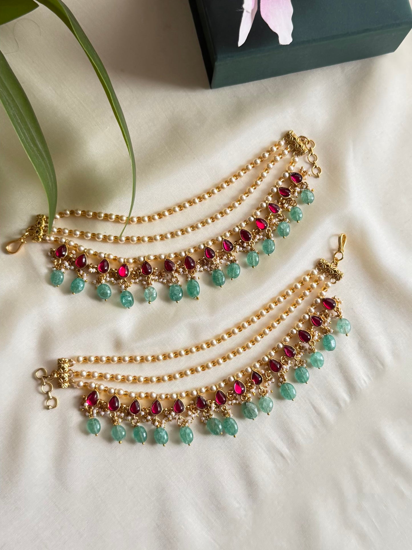 Jadau Kundan Pearl Bead Ear chains