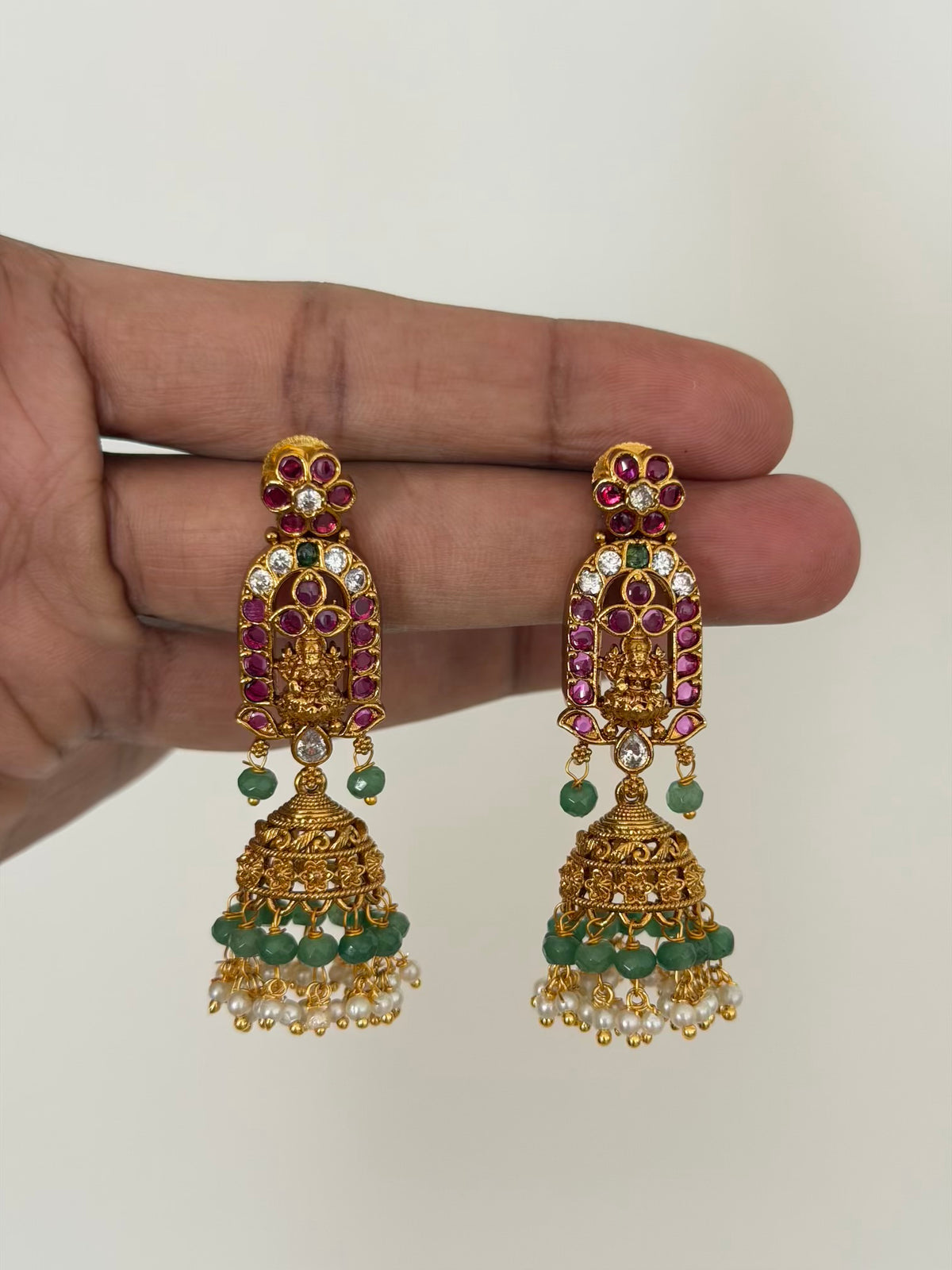 Lakshmi Arch Ruby Kemp Jhumka Earrings with Pearl and Green Bead Drops