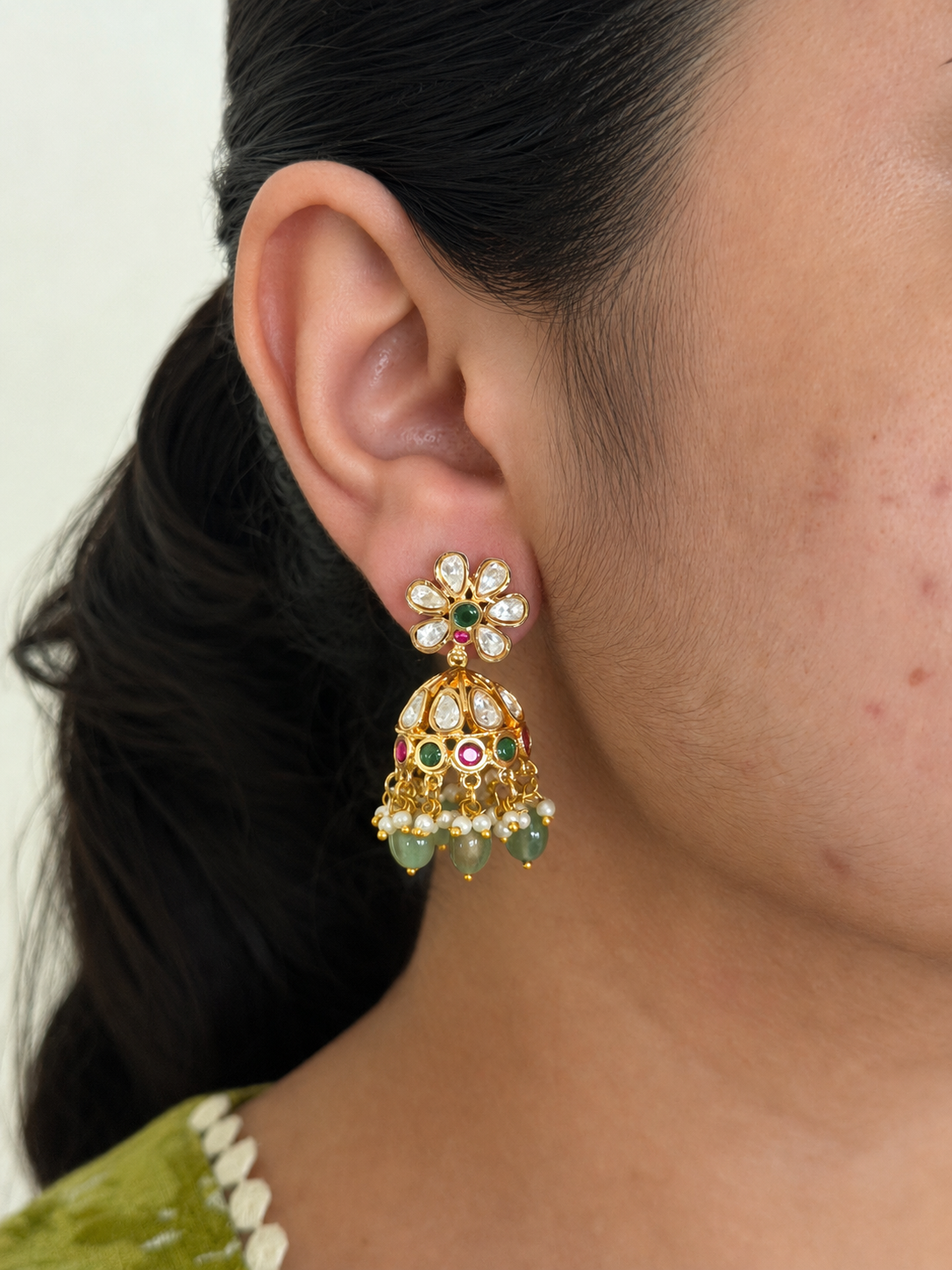 Gold Pearl Kundan Jhumka Earrings