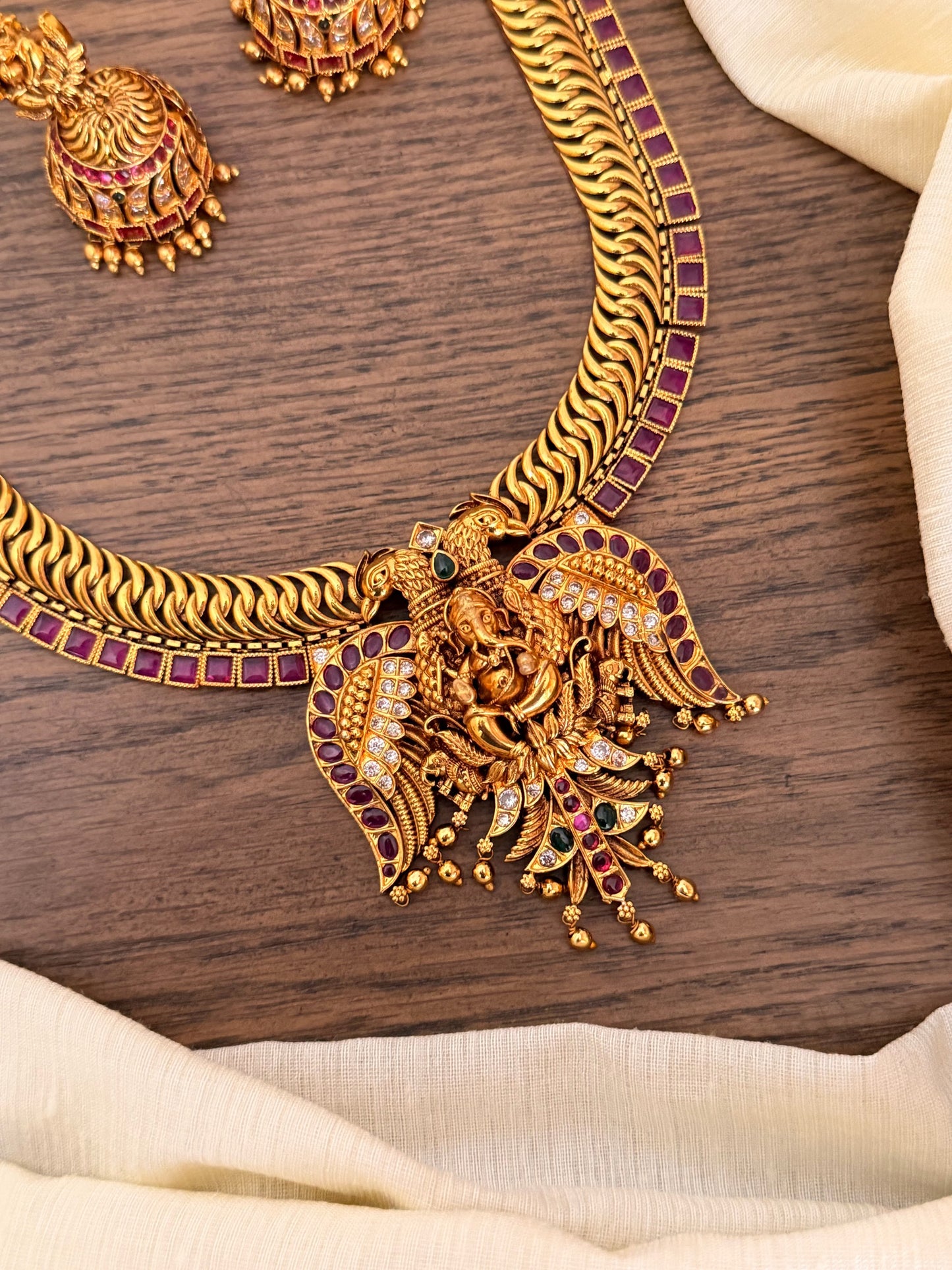 Royal Nakshi Heritage Collection | Antique Grand Ganesh Necklace Sets with Kemp & Kundan Accents