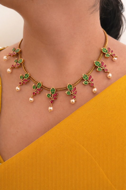 Handcrafted Jadau Kundan Necklace Set with Emerald & Ruby Leaf Motifs