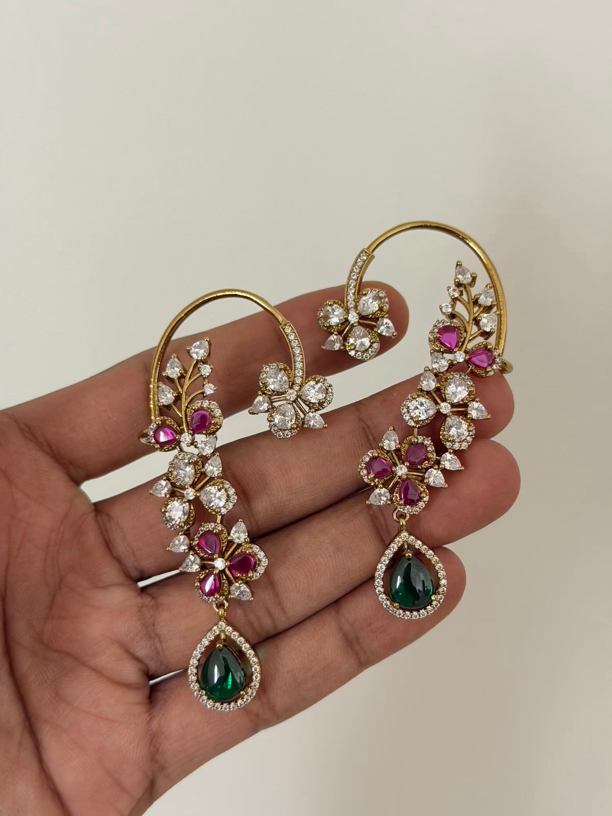 Floral Vine Ear Cuff Earrings with CZ Stones and Teardrop Drop