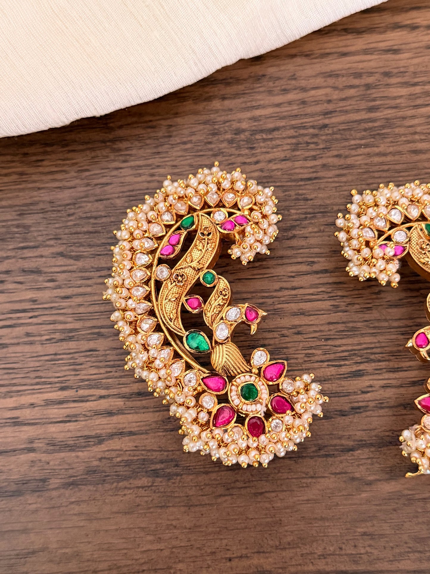 Luxury Jadau Kundan Ear Cuff Earrings with Pearls | Royal Peacock Design