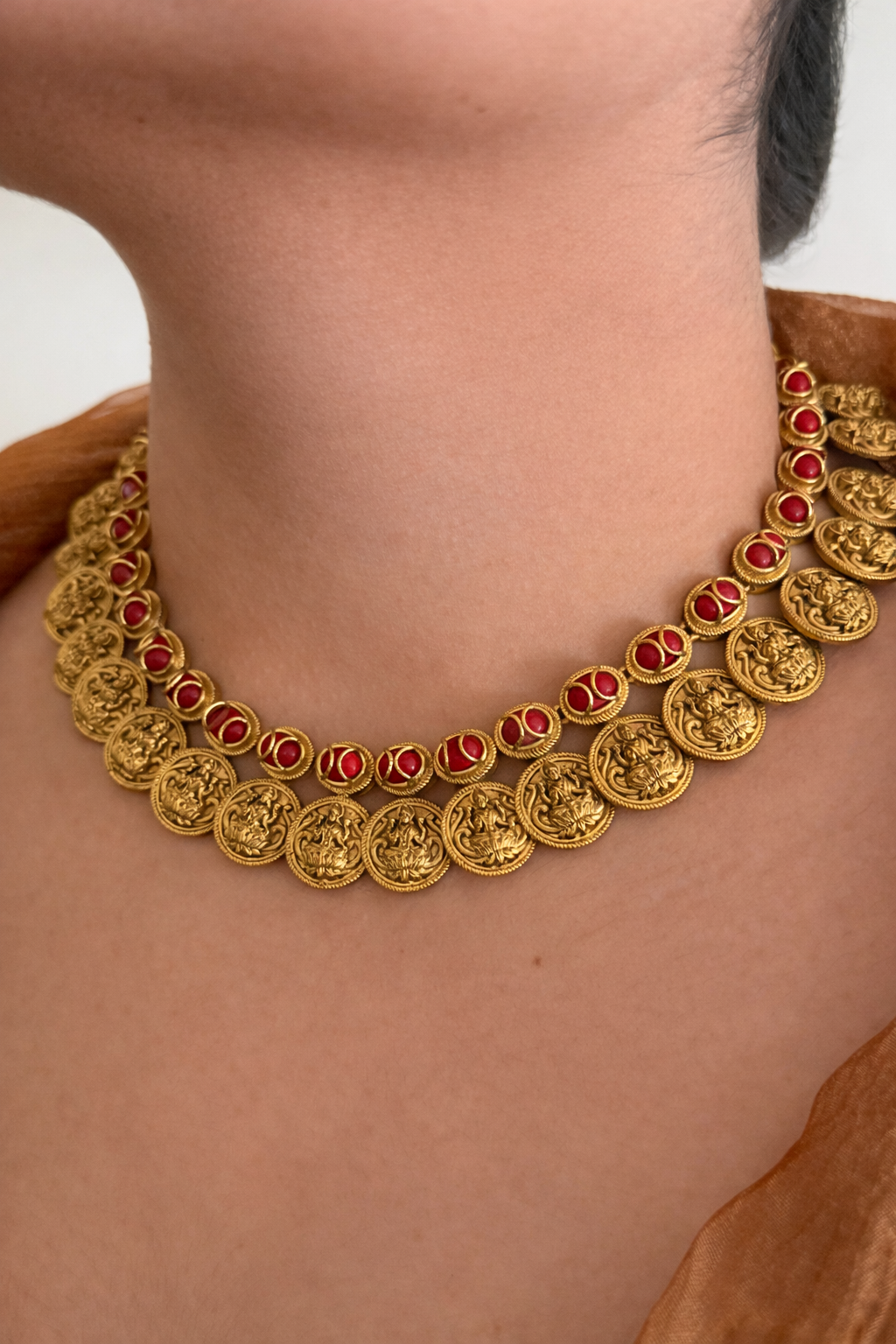 Traditional Coral Motif Coin Necklace Set in Brass – Festive Wear