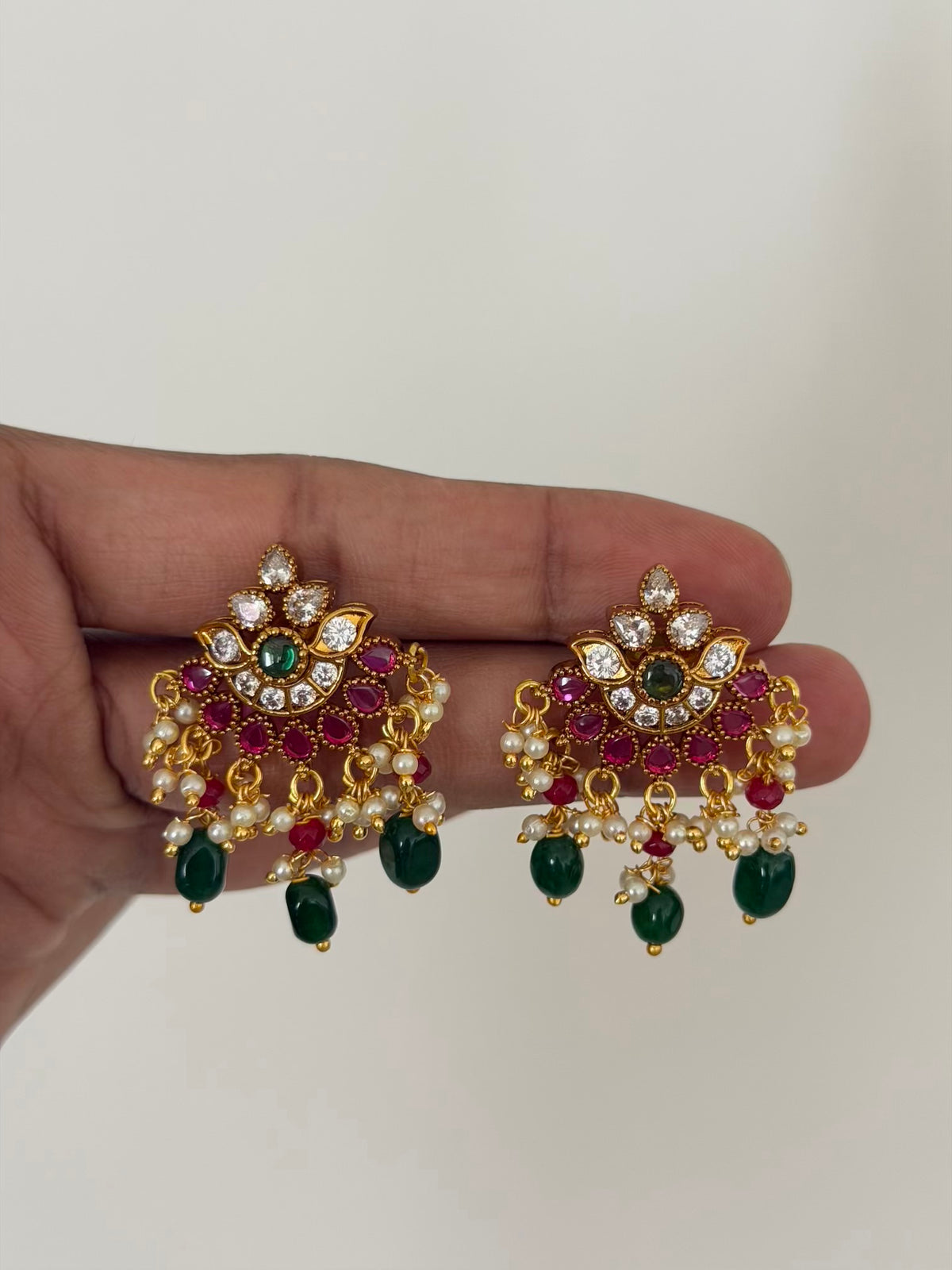 Ruby Lotus Stud Earrings with CZ Crown and Deep Green Bead Drops