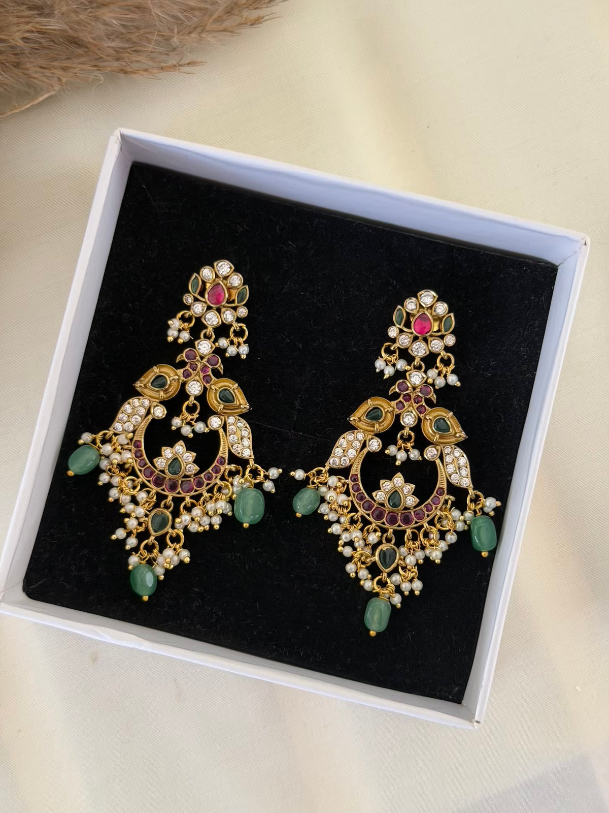 Antique Ruby Emerald Chandbali Earrings with Peacock Accents
