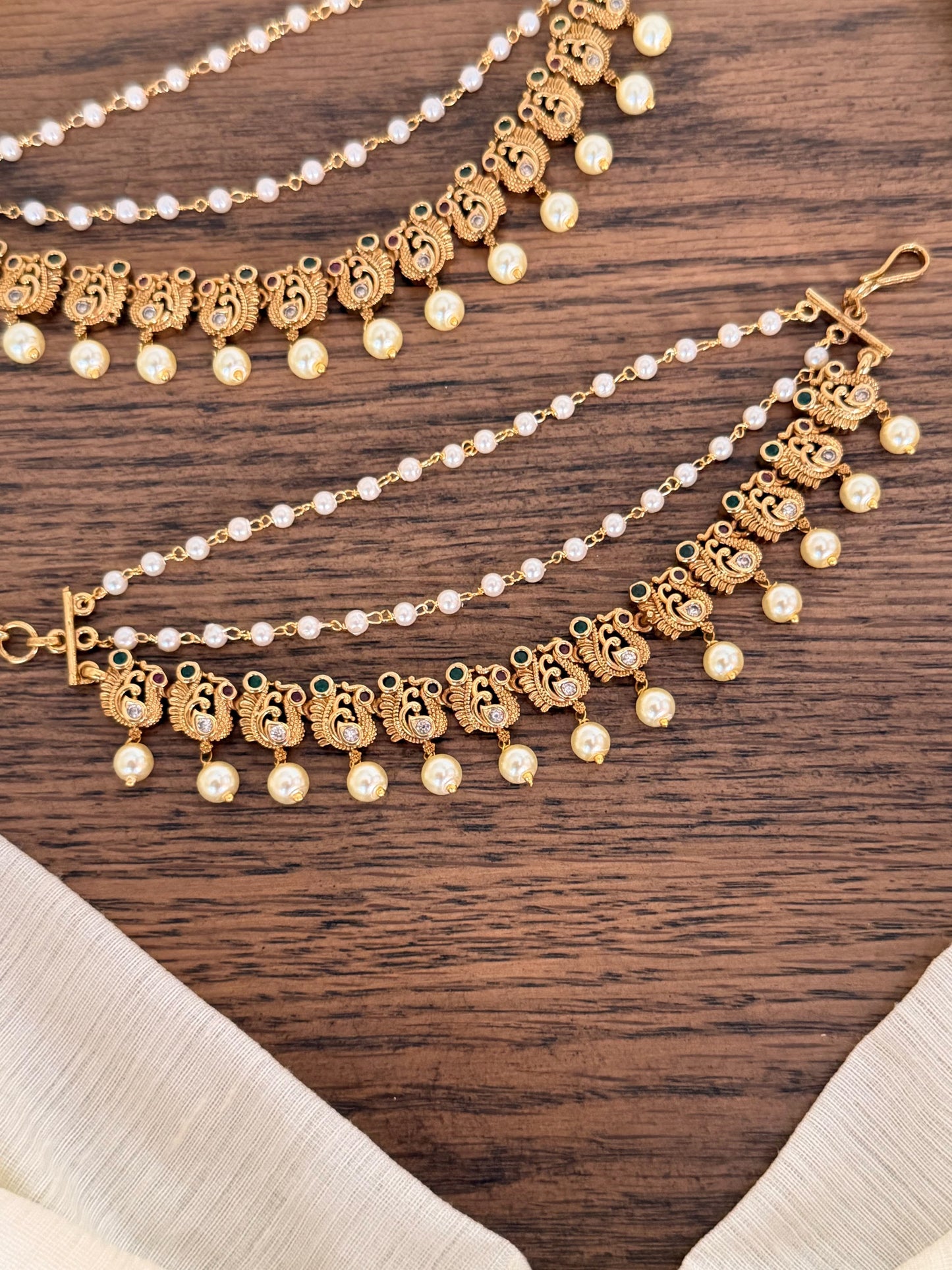 Temple Pearl Champa Swaralu (Ear Chain) with Antique Gold Finish
