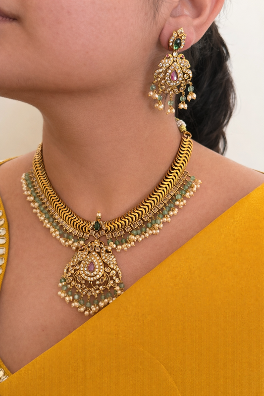 Traditional Jalebi Design Necklace Set with Ruby & Emerald Stones