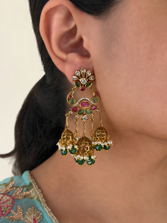 Flower Motif Chaandbali Earrings with Emerald & Ruby Accents, Green Bead Drops