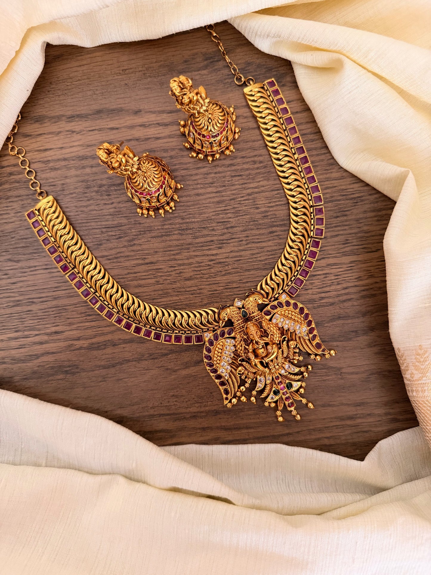 Royal Nakshi Heritage Collection | Antique Grand Ganesh Necklace Sets with Kemp & Kundan Accents