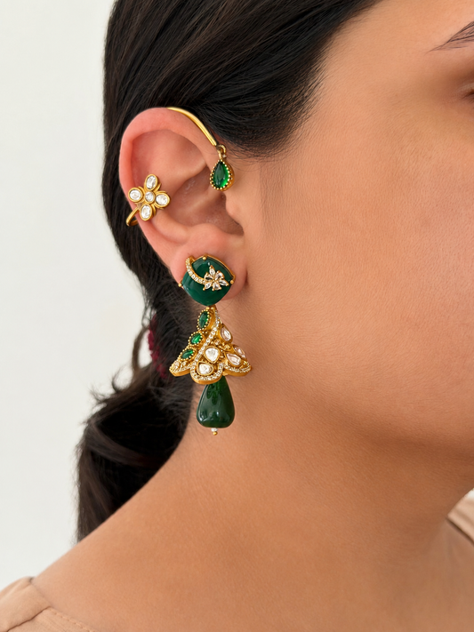 2-in-1 Ear Cuff & Earring — Emerald (Adjustable)