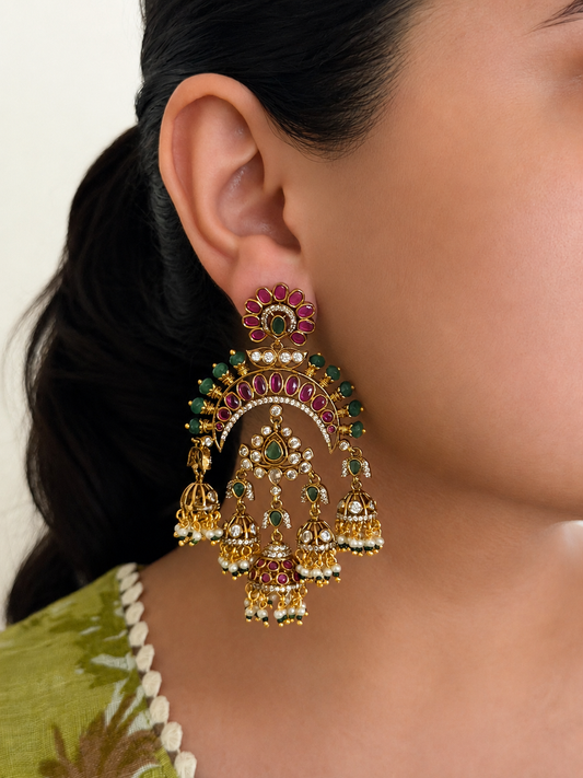 Ruby Green Pearl Chandbali Jhumka Earrings