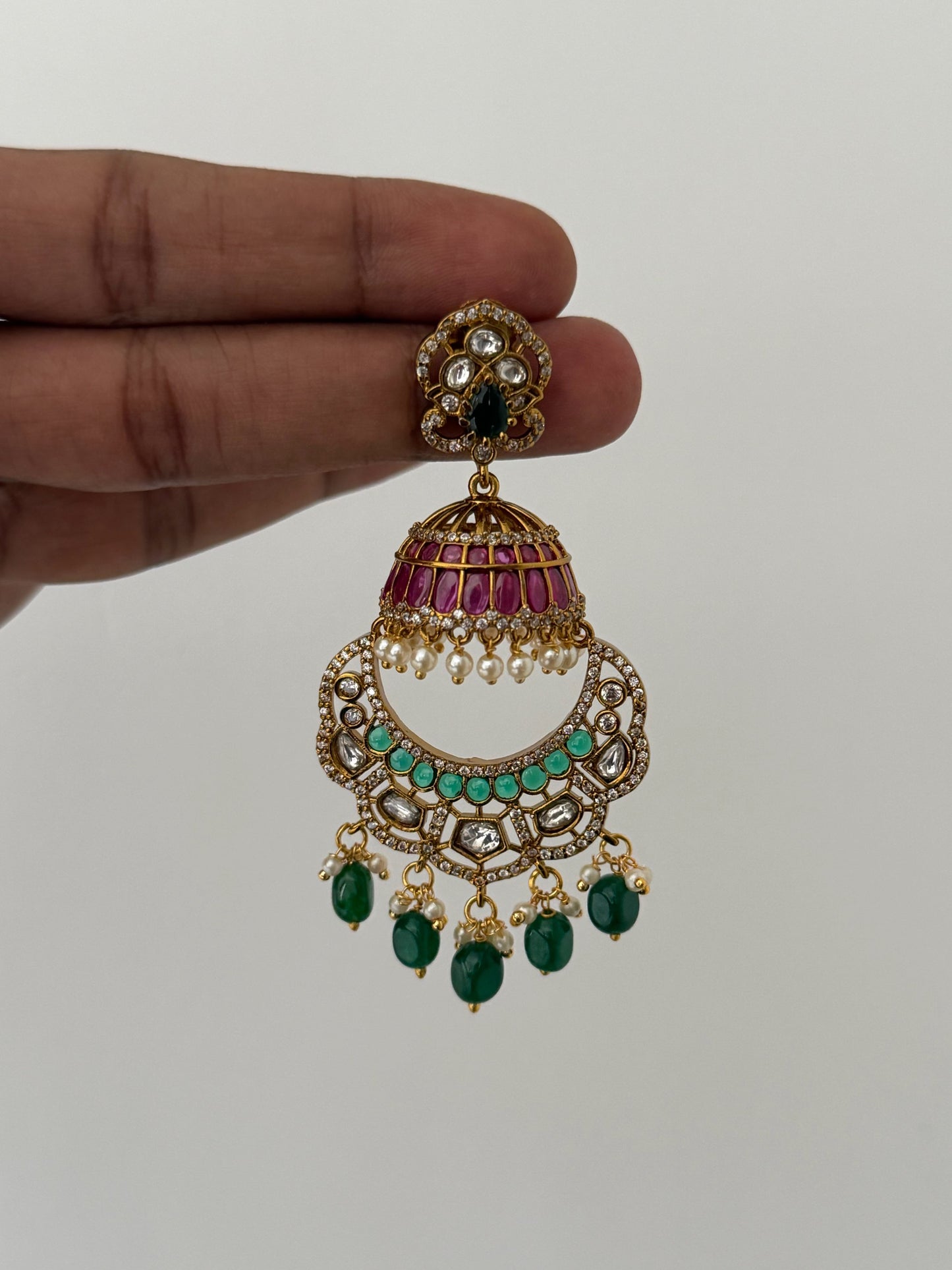 Handcrafted Ruby & Emerald Artisan Jhumkas – Premium Lightweight Design with High-Gloss Gold Finish
