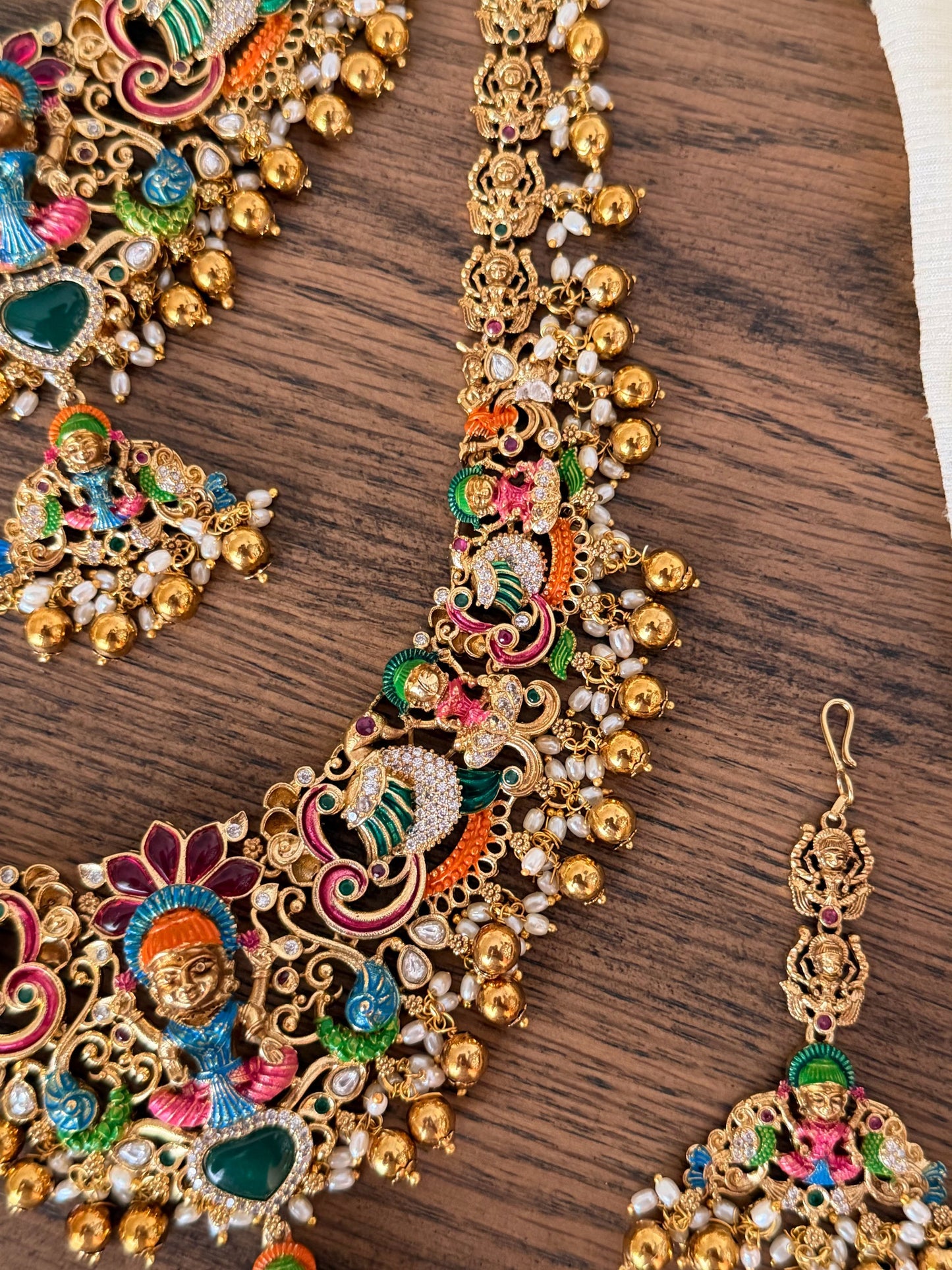 Hand painted Nakshi Temple Jewellery Set with Antique Gold Finish