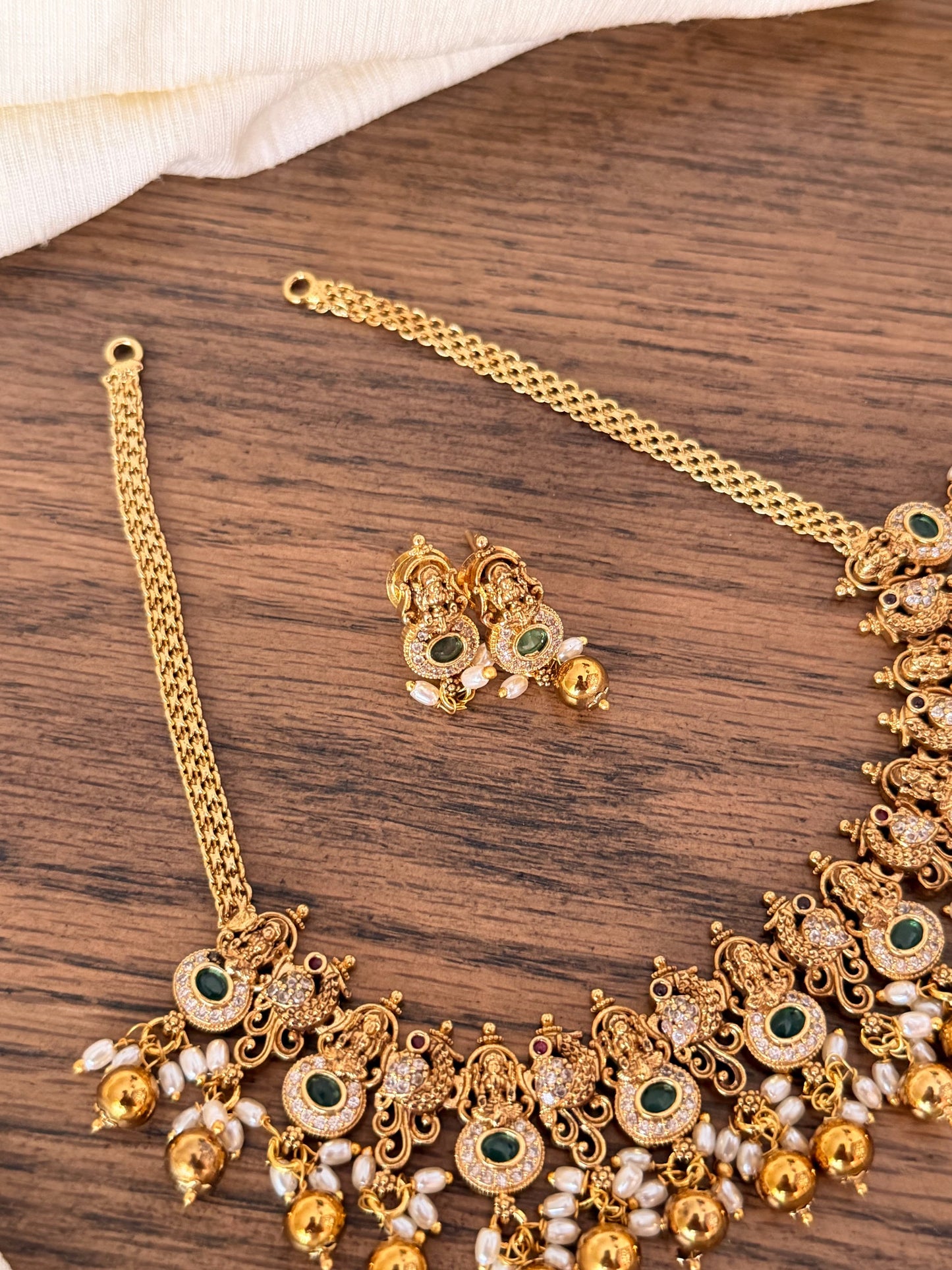Lakshmi Temple Choker Necklace Set with Earrings – Available in Golden, Green & Pink | Traditional South Indian Jewelry
